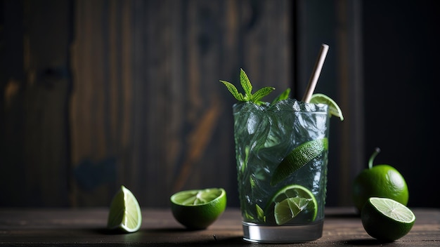 Um copo de mojito com limão sobre uma mesa de madeira