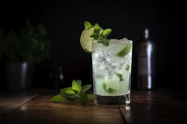 Um copo de mojito com uma fatia de limão na borda