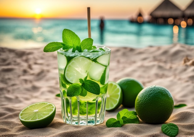 Um copo de mojito de lima verde com hortelã e gelo na praia