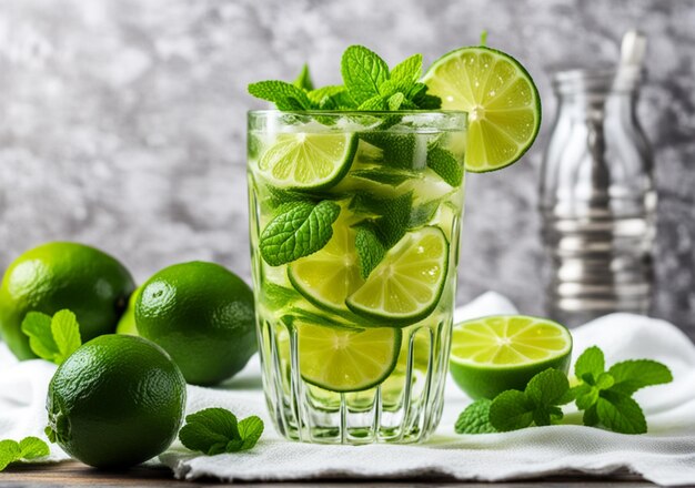 Um copo de mojito de lima verde com hortelã em uma toalha de mesa branca