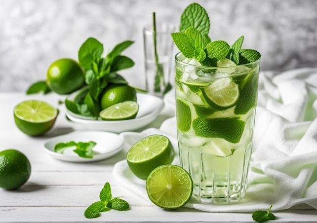 Um copo de mojito de lima verde com hortelã em uma toalha de mesa branca