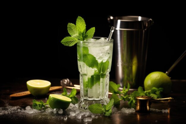 Um copo de mojito fresco com batedor e jigger