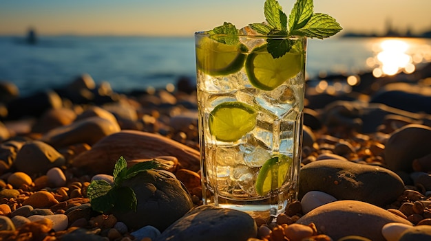 Um copo de mojito numa praia rochosa nos raios do pôr-do-sol uma ideia para publicidade ou um menu num café