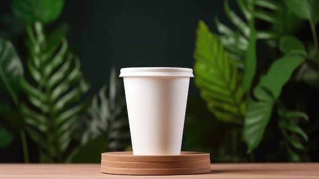 Um copo de papel branco em uma base para copos de madeira com uma planta verde atrás dele.