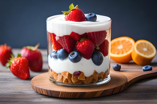 Um copo de parfait de frutas com crosta de biscoito e um biscoito em uma tábua de madeira.