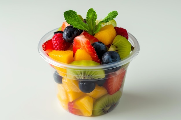 Um copo de plástico transparente colorido cheio de uma variedade de frutas frescas, incluindo bagas e fatias de cítricos