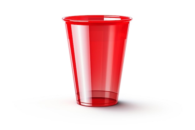 Um copo de plástico vermelho com um copo de plástico transparente sobre um fundo branco.