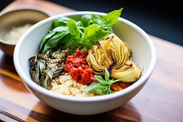 Foto um copo de quinoa com alcachofras marinadas