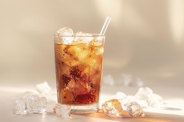 Foto um copo de refrigerante com cubos de gelo na mesa