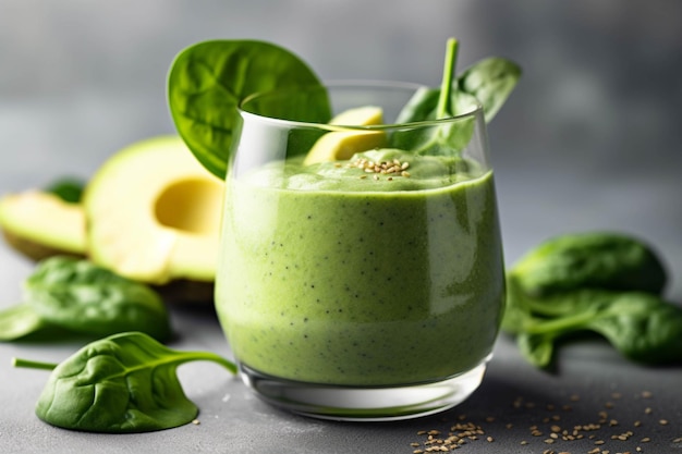 Um copo de saboroso smoothie verde com espinafre em uma mesa cinzenta em close-up