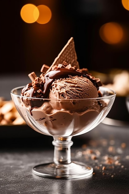 Um copo de saboroso sorvete de chocolate menu especial de verão