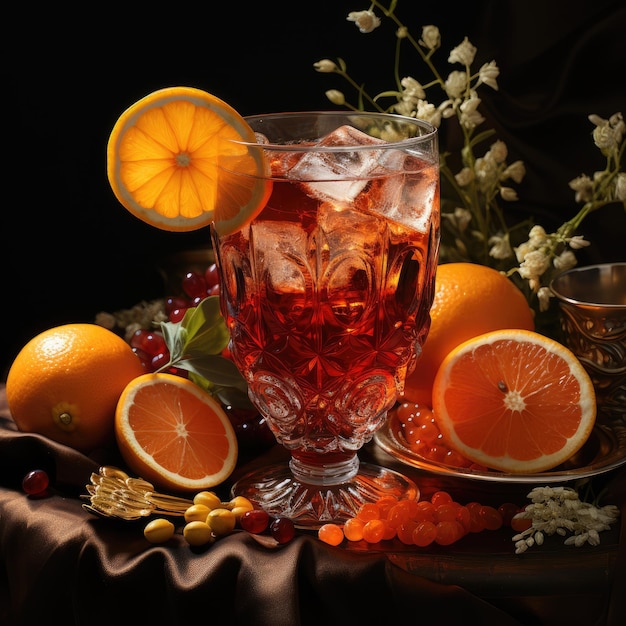 um copo de sangria com água gelada laranja escuro e vermelho ai gerado