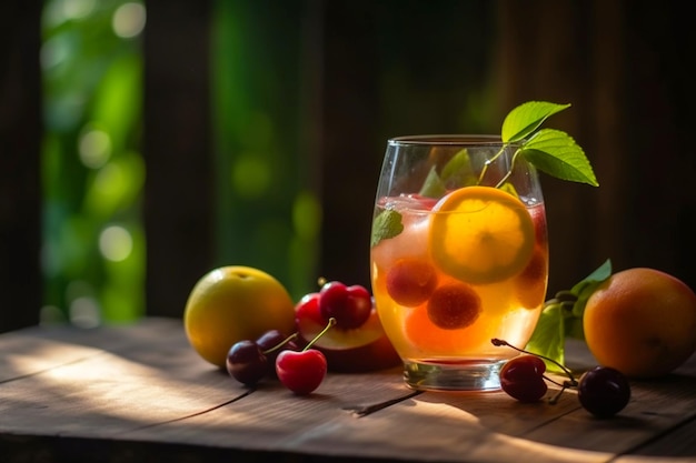 Um copo de sangria de cereja com uma fruta ao fundo