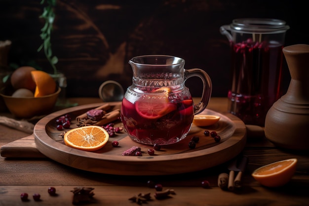 Um copo de sangria fica em uma bandeja de madeira