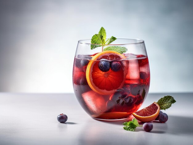 Um copo de sangria vermelha com enfeite de mirtilo