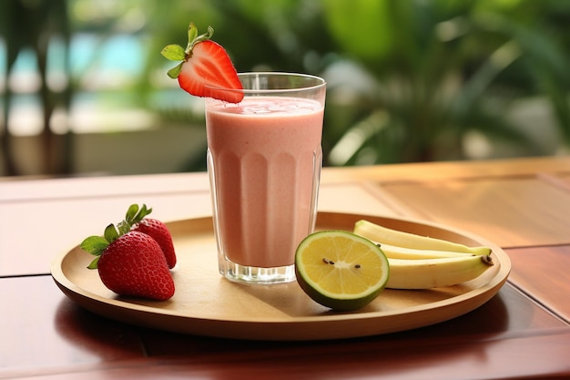 Um copo de smoothie colocado em uma cadeira de madeira com um chapéu de praia