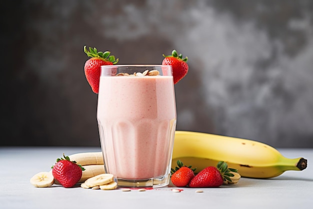 Um copo de smoothie colocado em uma cadeira de madeira com um chapéu de praia