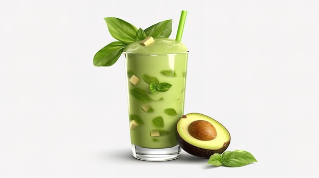 Um copo de smoothie de abacate com um canudo verde ao lado.