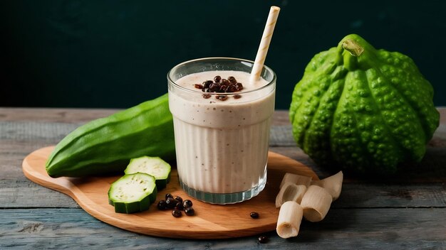 Um copo de smoothie de abóbora amarga com abóbora amargo comprada