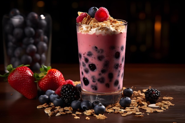 Um copo de smoothie de frutas com mirtilos e granola em cima da mesa