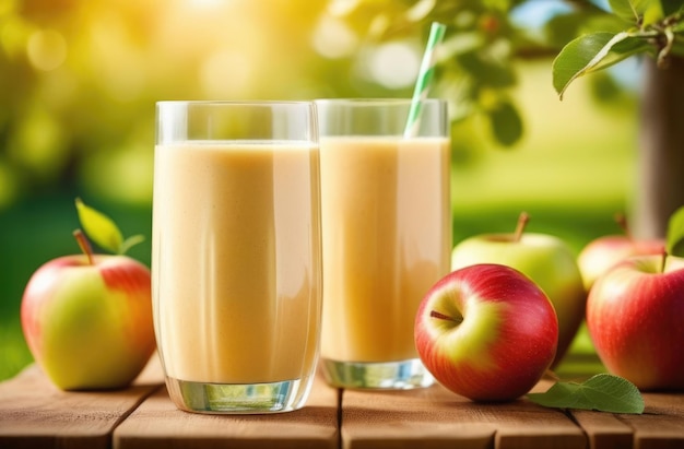 um copo de smoothie de maçã em uma mesa de madeira um dia ensolarado uma plantação de maçãs maçãs maduras galhos de uma maçã um pomar de maçanhas no fundo