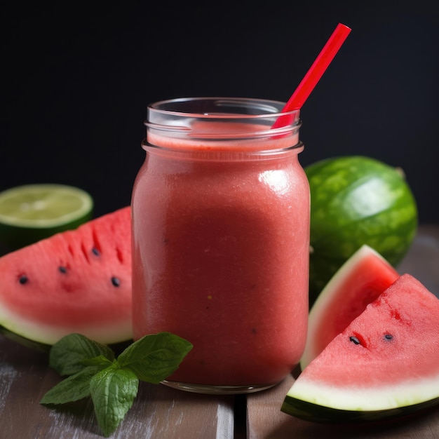 Um copo de smoothie de melancia com um canudo vermelho.