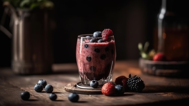 Um copo de smoothie de mirtilo com algumas frutas na mesa.