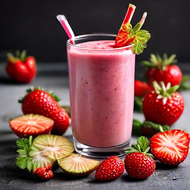 um copo de smoothie de morango ao lado de morangos e morangos