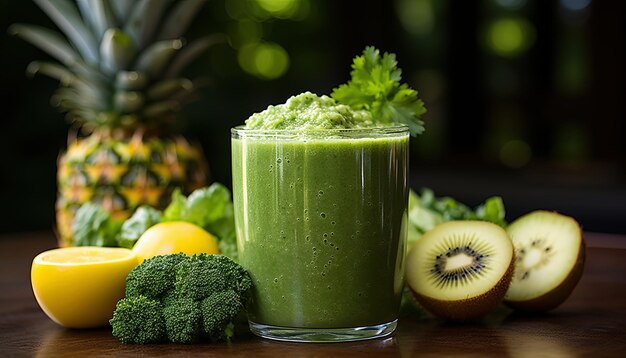 um copo de smoothie verde ao lado de um kiwi e um kiwi