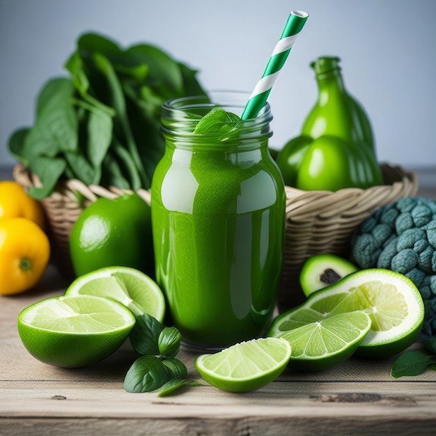 Um copo de smoothie verde com um canudo verde e um canudo branco e verde.