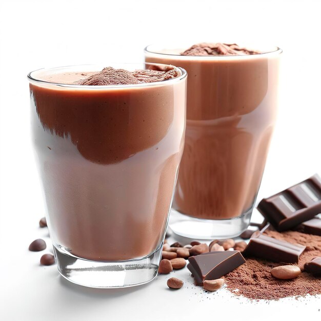 Um copo de smoothies de chocolate em fundo branco