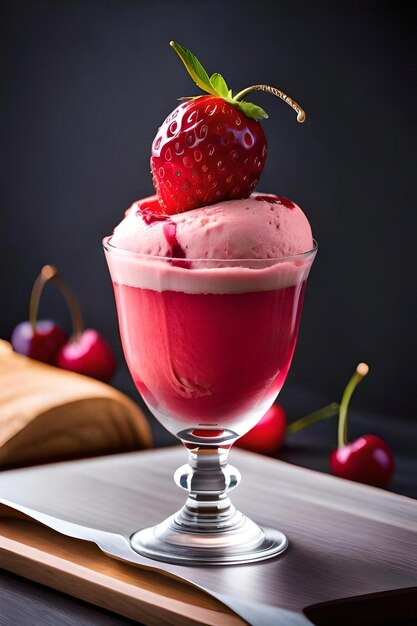 Um copo de sorvete de cereja com morango por cima
