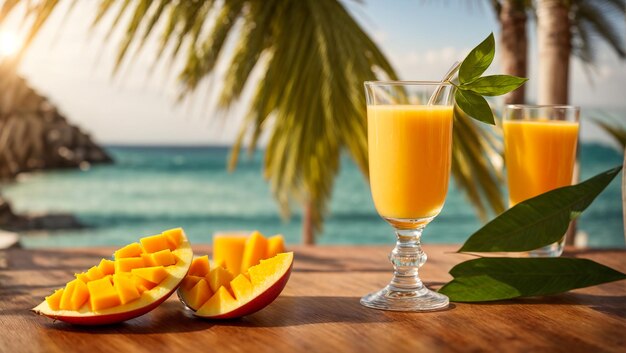 Foto um copo de suco com manga em um fundo de mar e palmeiras