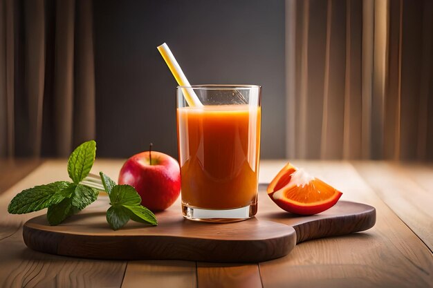 um copo de suco com uma maçã e uma maçã em uma tábua de madeira.