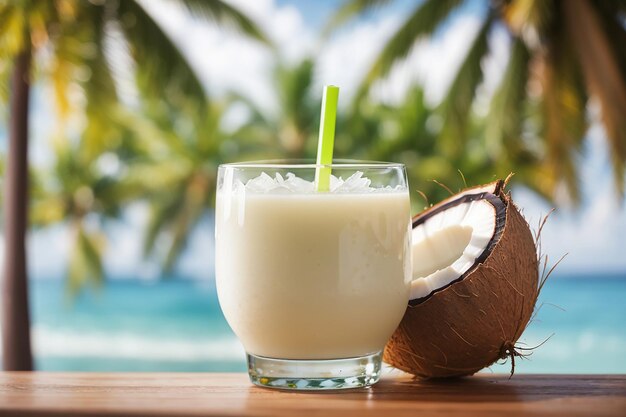 Foto um copo de suco de coco com fundo de coco desfocado