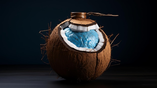 Foto um copo de suco de coco em uma mesa azul generative ai