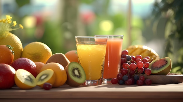 Foto um copo de suco de kiwi está em uma mesa ao lado de um monte de kiwis e kiwis.