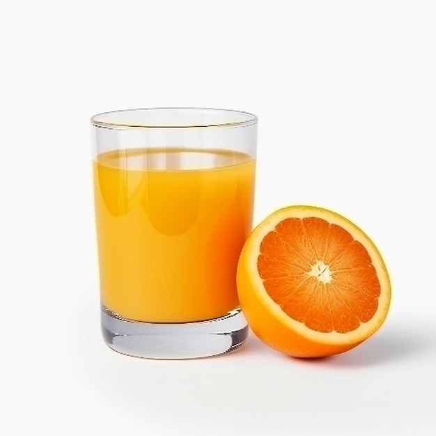 Um copo de suco de laranja ao lado de meia laranja.