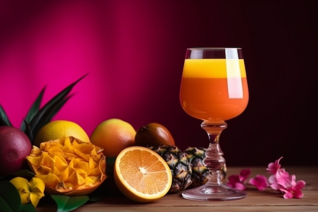 Um copo de suco de laranja ao lado de um cacho de frutas.