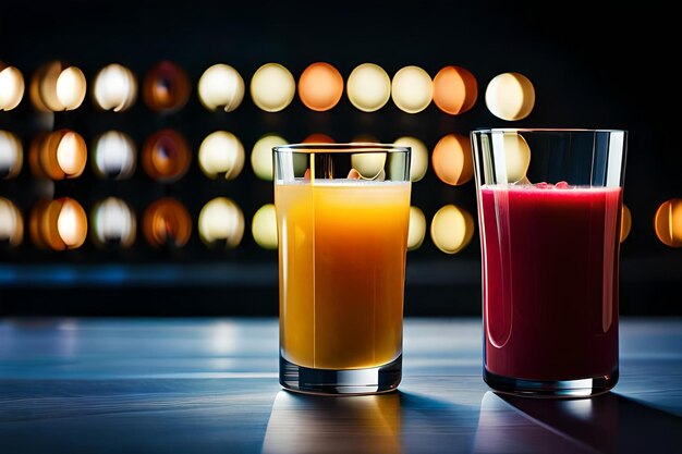 Um copo de suco de laranja ao lado de um copo de suco.