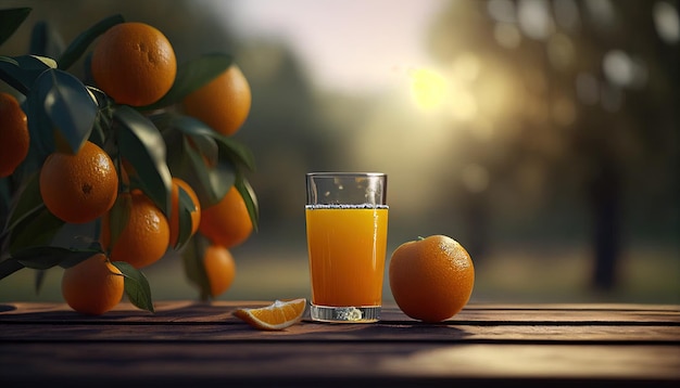 Um copo de suco de laranja ao lado de uma árvore com laranjas.