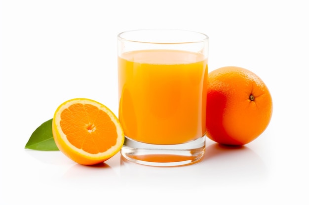 Um copo de suco de laranja ao lado de uma laranja e meia laranja.