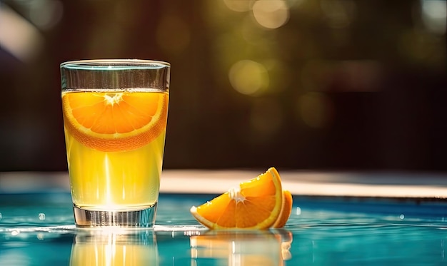 Um copo de suco de laranja ao lado de uma piscina com fatias de laranjeira no lado generativa AI