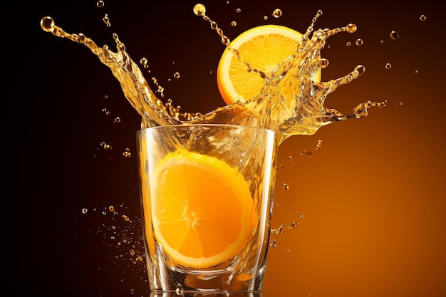 Um copo de suco de laranja com fatias de laranja e fatias de laranja em um fundo preto.
