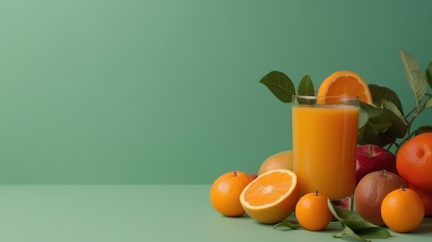 Um copo de suco de laranja com folhas em cima da mesa