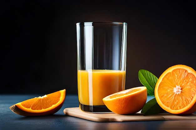 Um copo de suco de laranja com folhas em cima da mesa