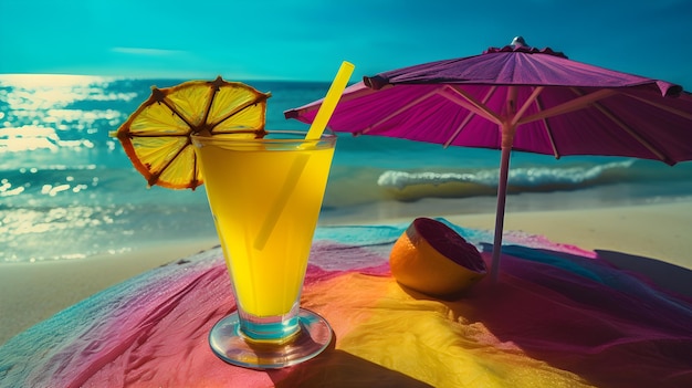 Um copo de suco de laranja com guarda-chuva roxo na praia no verão