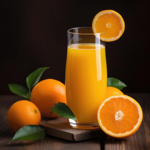 Um copo de suco de laranja com laranjas em uma mesa de madeira.