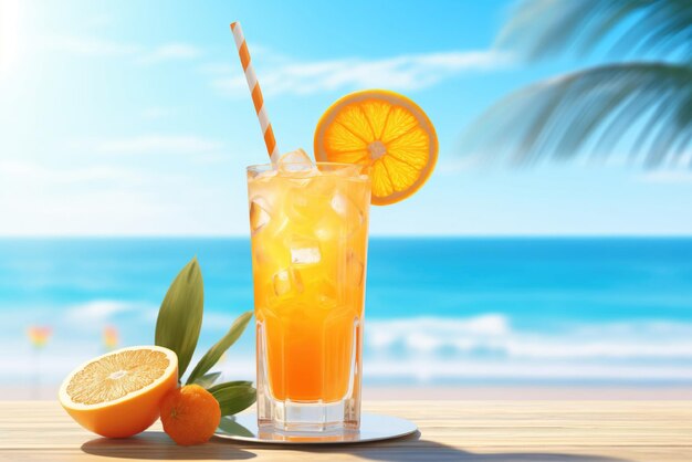Um copo de suco de laranja com palha e gelo com fatias de laranja no fundo do mar e da palmeira