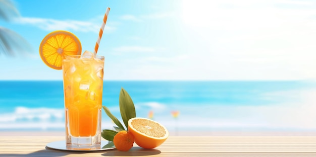 Um copo de suco de laranja com palha e gelo com fatias de laranja no fundo do mar e da palmeira